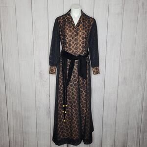 Vintage 70s Belted Black Lace V Neck Maxi Dress With Peach Underlayment